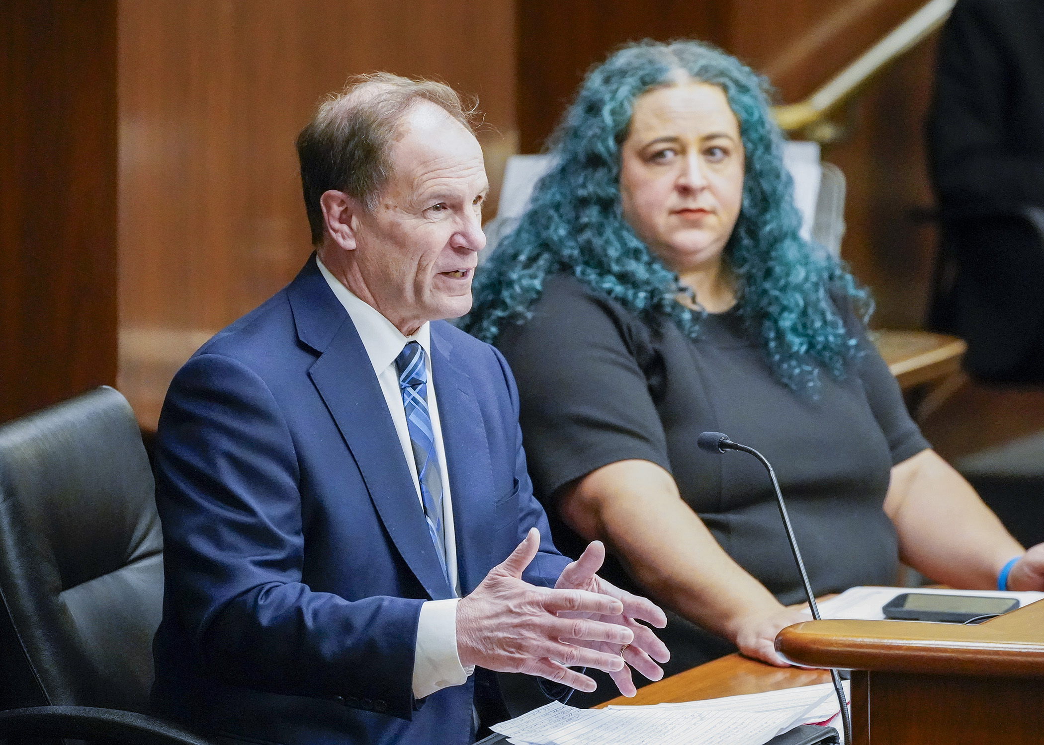 Revenue Commissioner Paul Marquart and Rep. Aisha Gomez, chair of the House Taxes Committee, testify on HF2757 during a hearing Feb. 12. (Photo by Andrew VonBank)